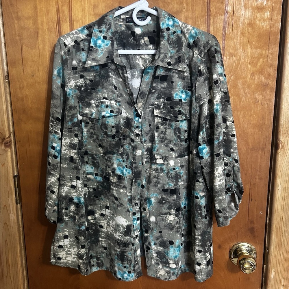 Elements Modern Classic‎ Shirt-Size 1X, Green Abstract 3/4 Sleeve